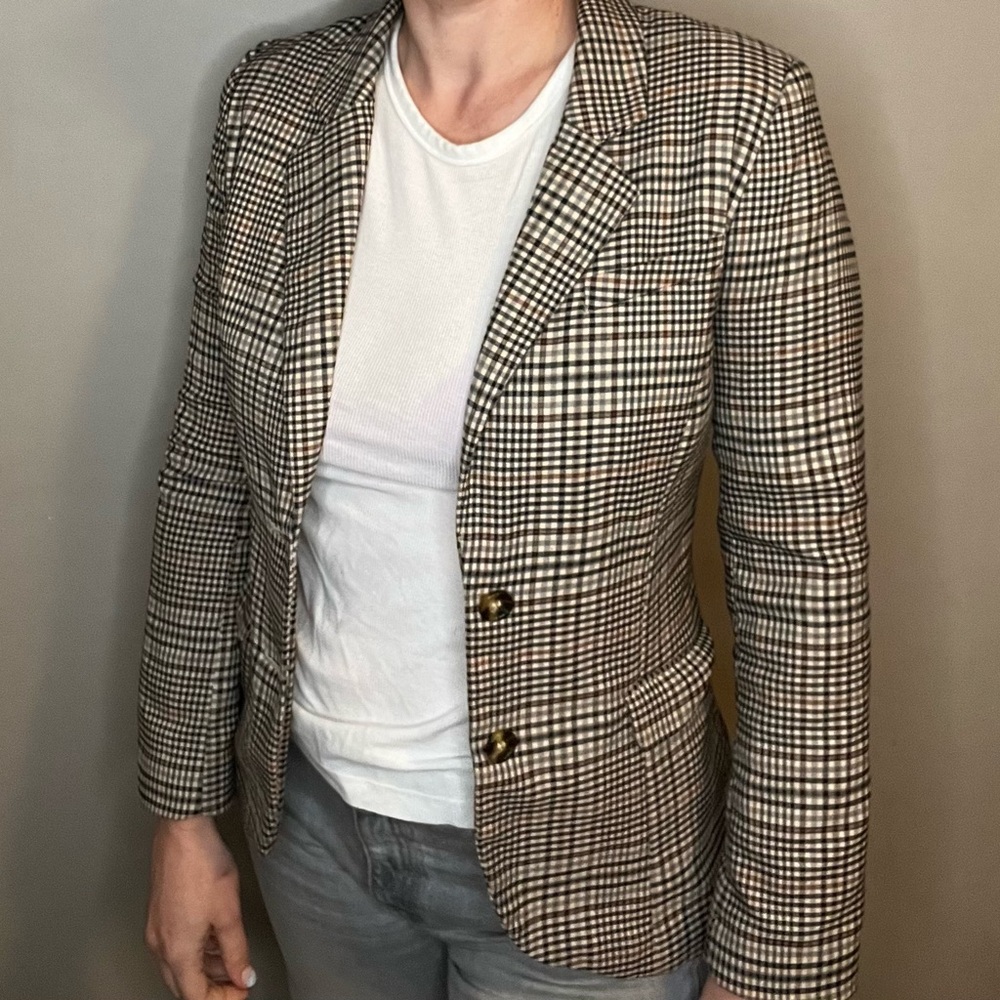H&M Checkered Blazer in Black and Cream with suede elbow patch